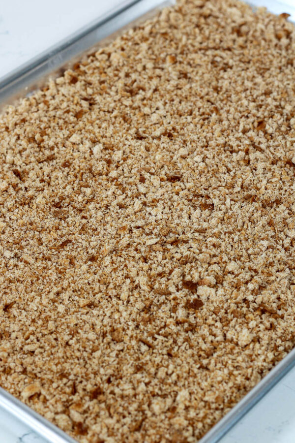 bread crumbs on a baking sheet