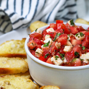 toasted baguette chips with caprese salad dip