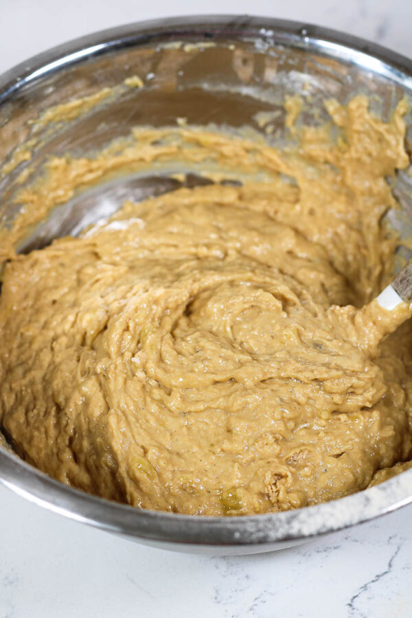 mixing the batter for greek yogurt banana muffins