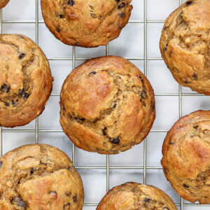 greek yogurt banana muffins cooling on a baking rack