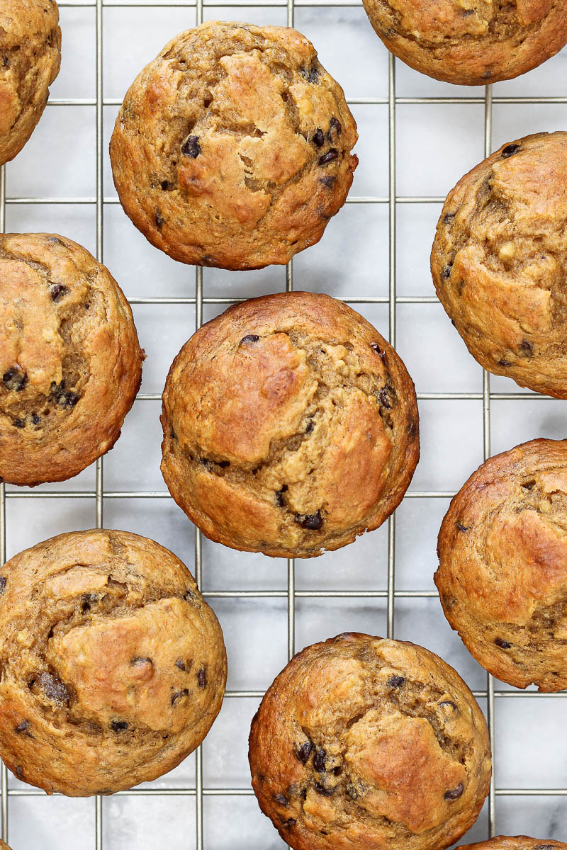 greek yogurt banana muffins cooling on a baking rack
