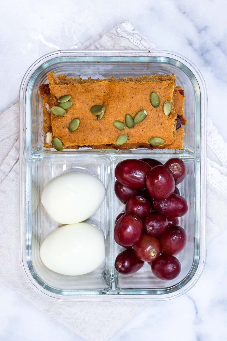 pumpkin sheet pan pancakes in a breakfast meal prep container