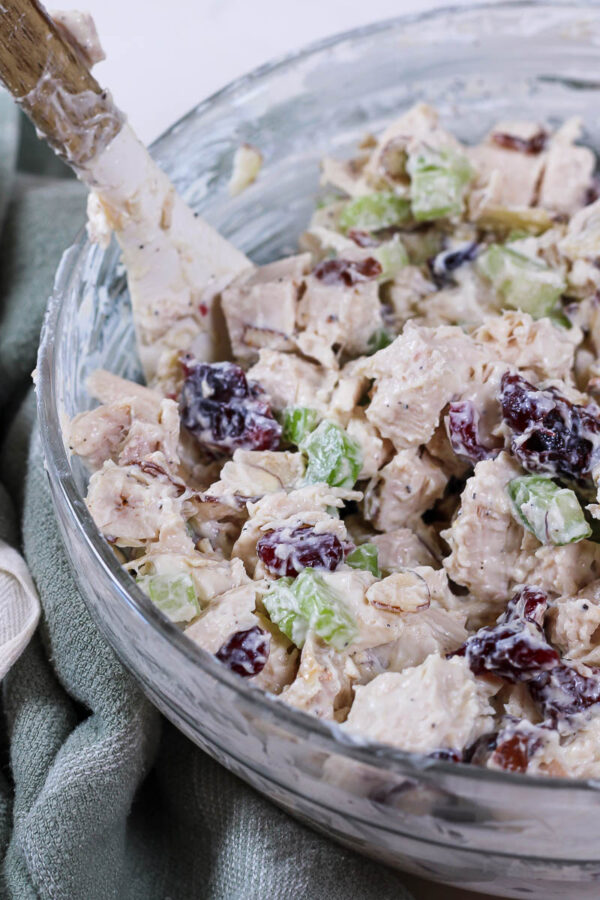 stirring together chicken salad with dried cranberries