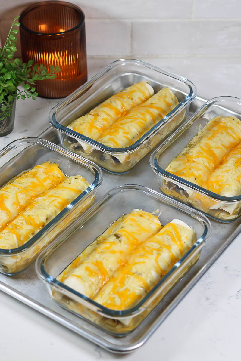 meal prepped green chicken and black bean enchiladas