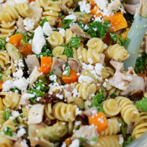 fall pasta salad in a glass bowl