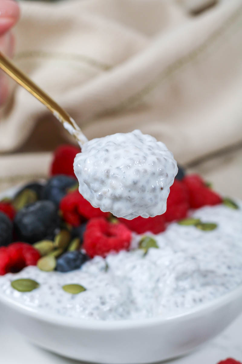 a spoonful of creamy yogurt chia pudding