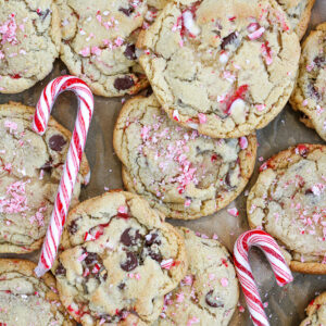 peppermint chocolate chip cookies with candy canes