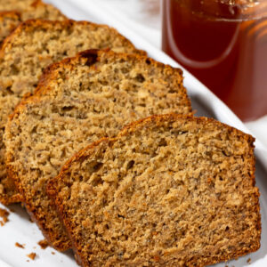 healthy banana bread slices on platter