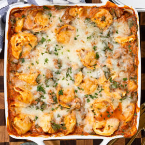 tortellini baked pasta in white pan