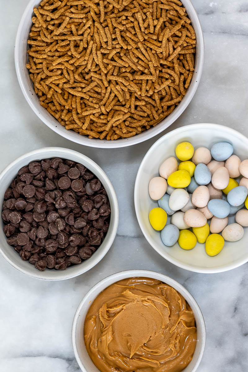 ingredients to make chocolate bird nests cookies
