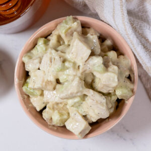 a bowl of creamy honey mustard chicken salad