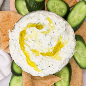 healthy tzatziki sauce drizzled with olive oil and served with cucumber and pita slices