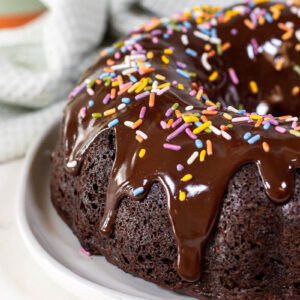 chocolate donut cake with ganache and sprinkles
