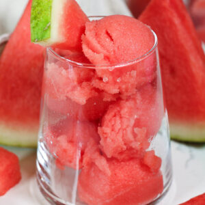 watermelon sorbet in a glass with a watermelon slice garnish