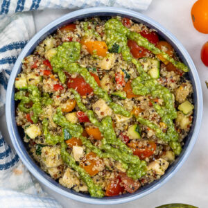 pesto quinoa salad with pesto drizzle