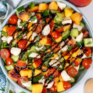 peach caprese drizzled with balsamic glaze