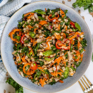 kale farro salad in a blue bowl