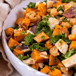 close up of chickpea sweet potato kale salad